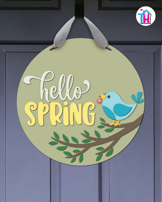 Blue Bird - Spring Door Hanger By Printhaws Creations, 16" Round Wooden Front Door Sign, Layered Hand-Painted Entryway Decor
