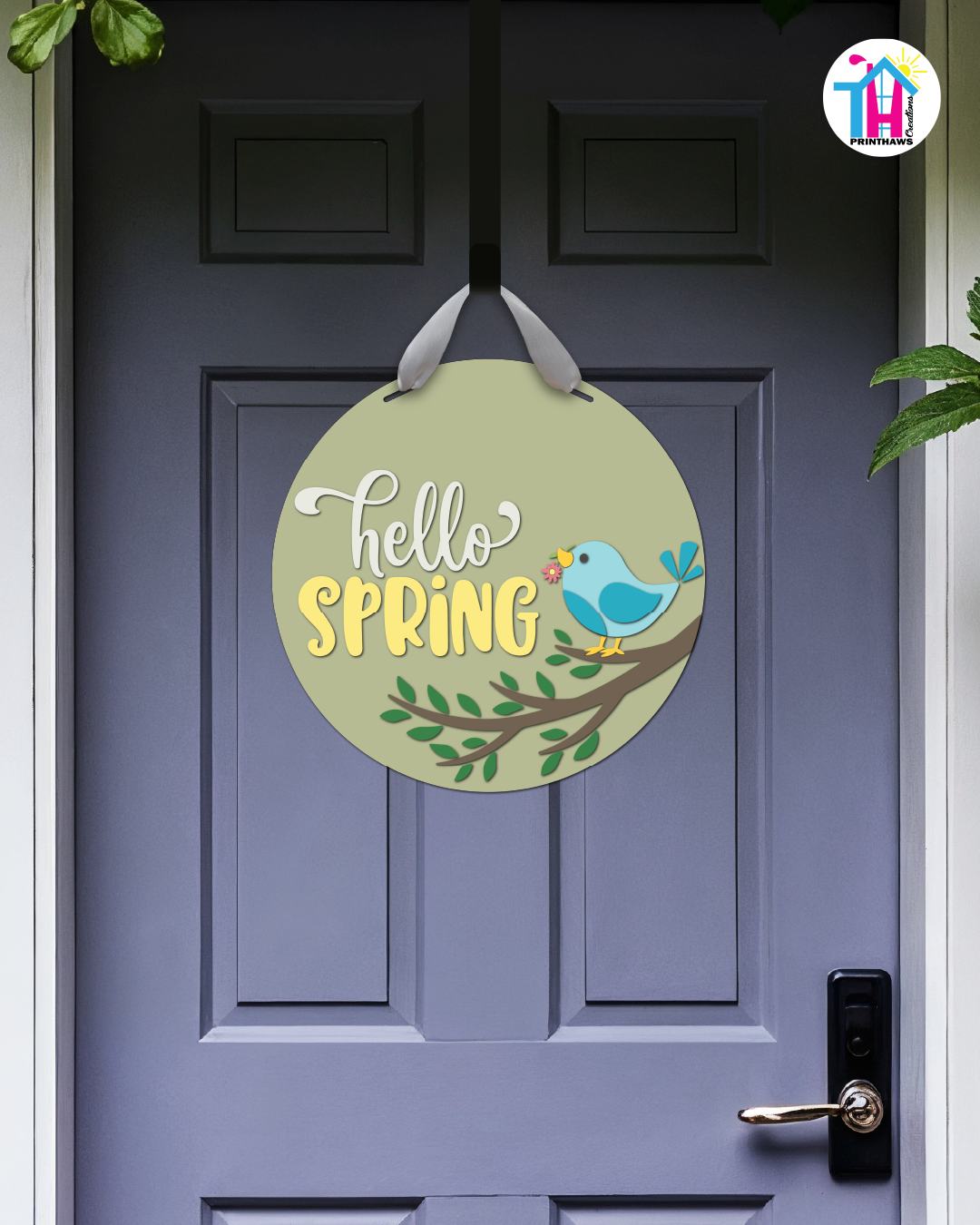 Blue Bird - Spring Door Hanger By Printhaws Creations, 16" Round Wooden Front Door Sign, Layered Hand-Painted Entryway Decor