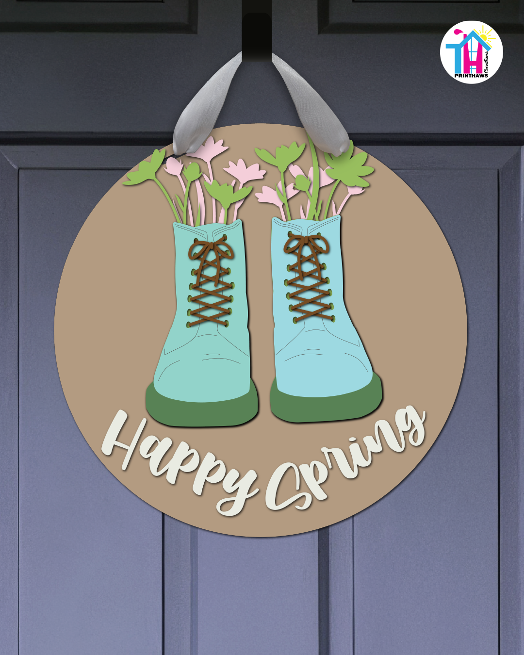 Boots - Spring Door Hanger By Printhaws Creations, 16" Round Wooden Front Door Sign, Layered Hand-Painted Entryway Decor