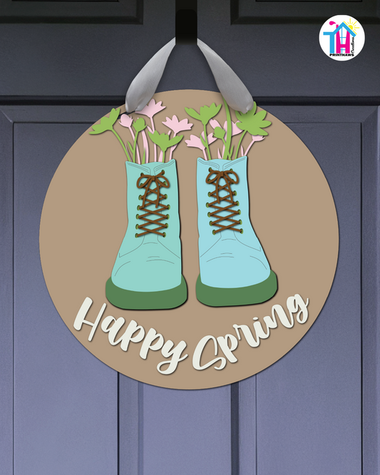 Boots - Spring Door Hanger By Printhaws Creations, 16" Round Wooden Front Door Sign, Layered Hand-Painted Entryway Decor