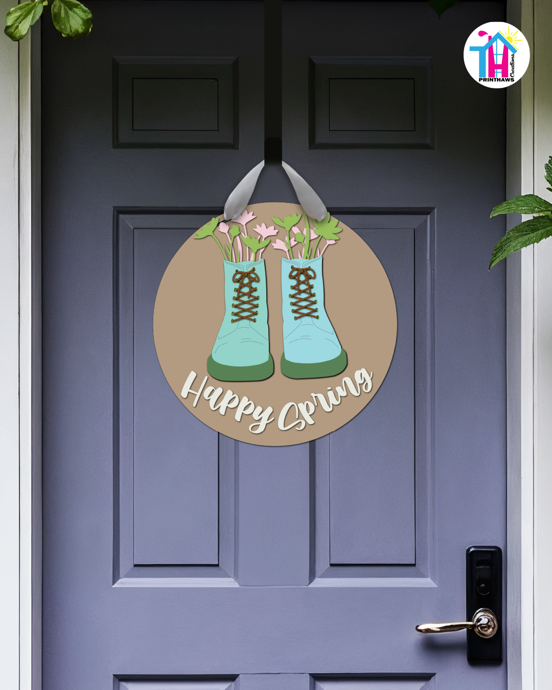 Boots - Spring Door Hanger By Printhaws Creations, 16" Round Wooden Front Door Sign, Layered Hand-Painted Entryway Decor