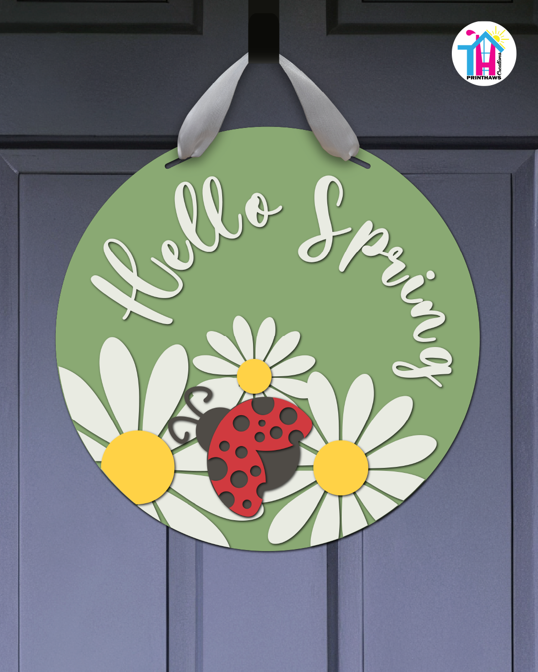 Ladybug - Spring Door Hanger By Printhaws Creations, 16" Round Wooden Front Door Sign, Layered Hand-Painted Entryway Decor
