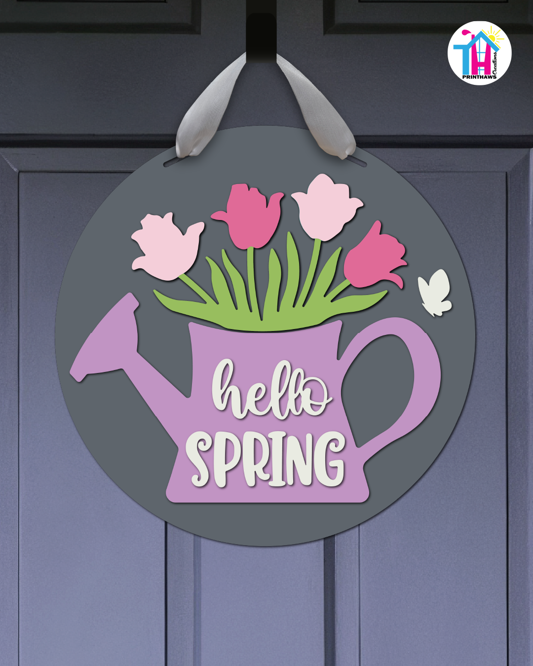 Watering Can - Spring Door Hanger By Printhaws Creations, 16" Round Wooden Front Door Sign, Layered Hand-Painted Entryway Decor