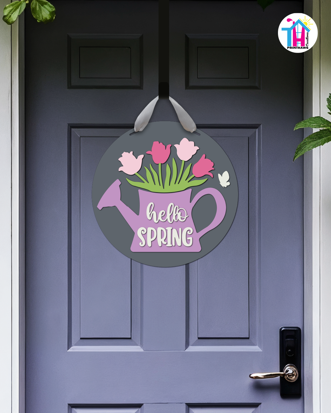 Watering Can - Spring Door Hanger By Printhaws Creations, 16" Round Wooden Front Door Sign, Layered Hand-Painted Entryway Decor