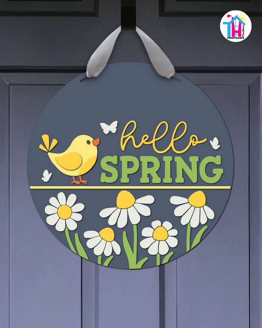Yellow Bird - Spring Door Hanger By Printhaws Creations, 16" Round Wooden Front Door Sign, Layered Hand-Painted Entryway Decor