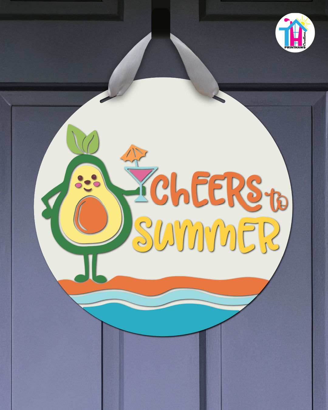 Avocado - Summer Door Hanger By Printhaws Creations, 16" Round Wooden Front Door Sign, Layered Hand-Painted Entryway Decor