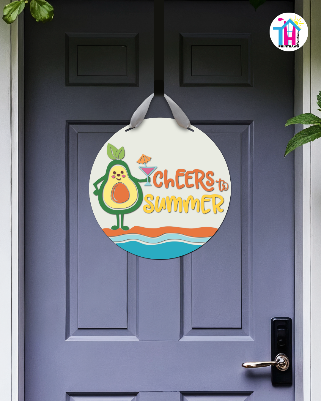 Avocado - Summer Door Hanger By Printhaws Creations, 16" Round Wooden Front Door Sign, Layered Hand-Painted Entryway Decor
