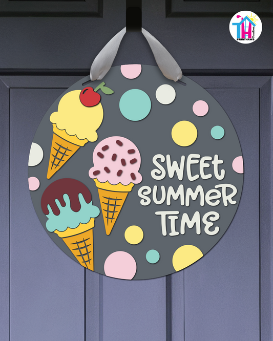 Ice Cream - Summer Door Hanger By Printhaws Creations, 16" Round Wooden Front Door Sign, Layered Hand-Painted Entryway Decor