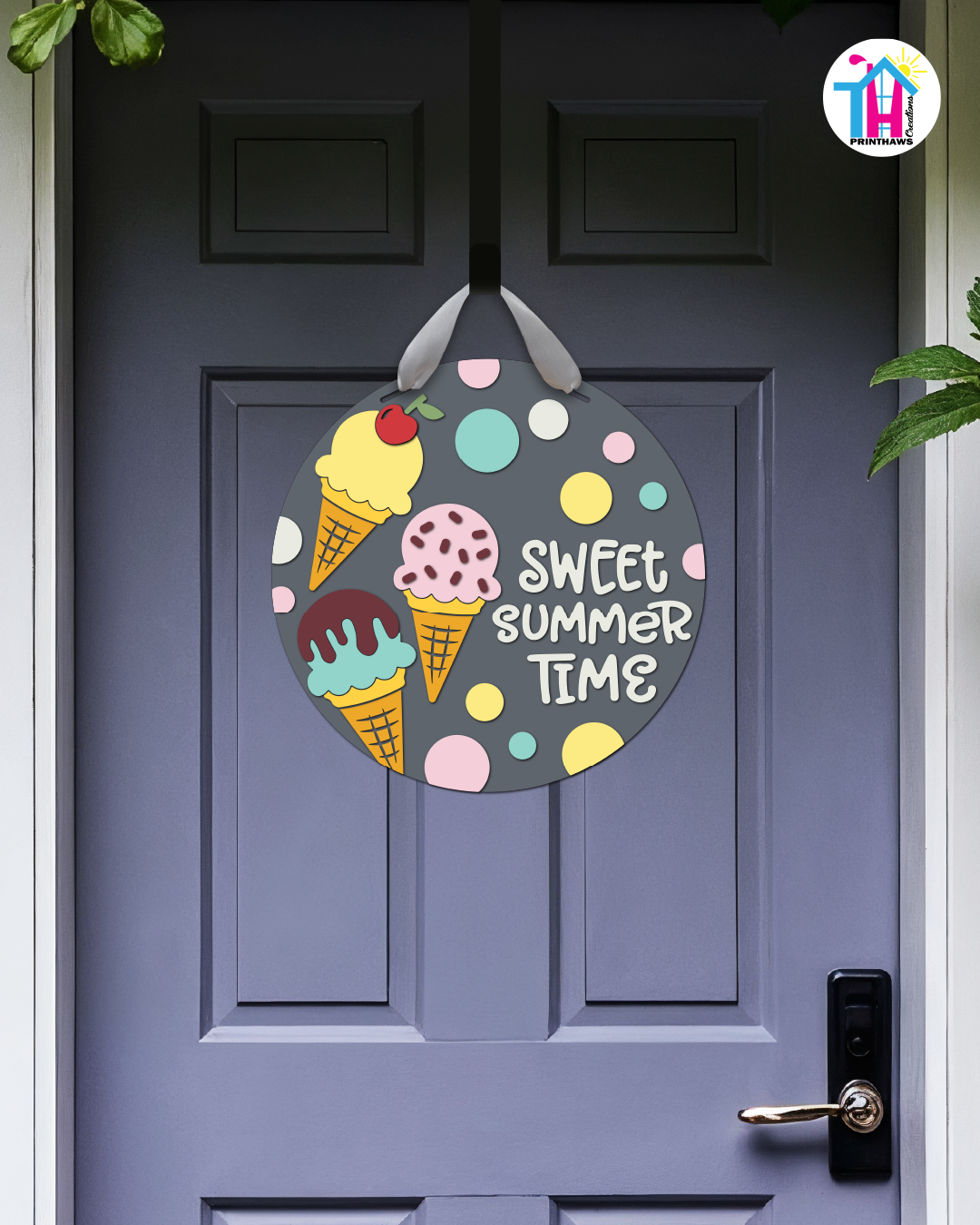 Ice Cream - Summer Door Hanger By Printhaws Creations, 16" Round Wooden Front Door Sign, Layered Hand-Painted Entryway Decor