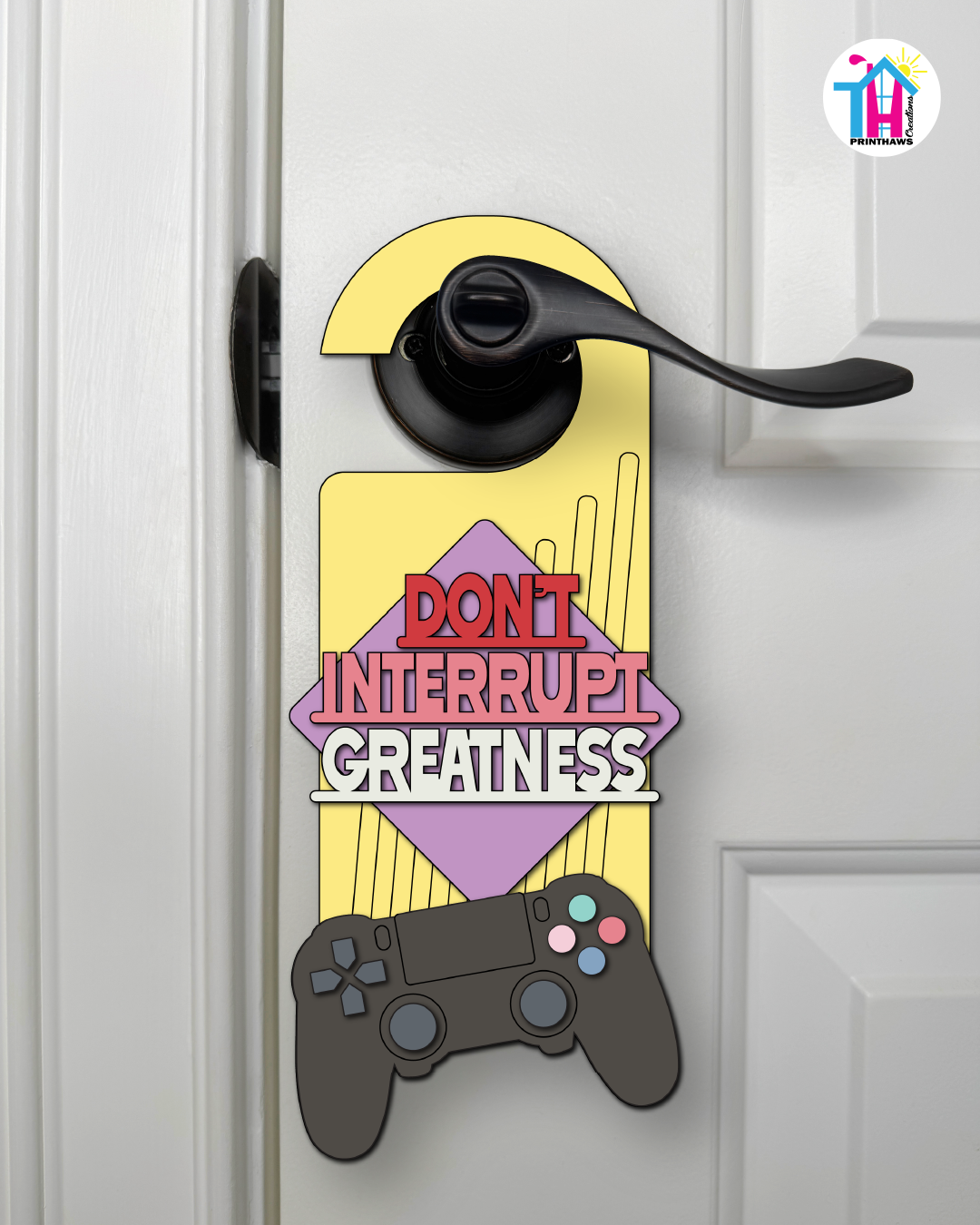 Don’t Interrupt Greatness – Gamer Doorknob Sign By Printhaws Creations, Wooden Room Sign With Console-Inspired Controller Accent