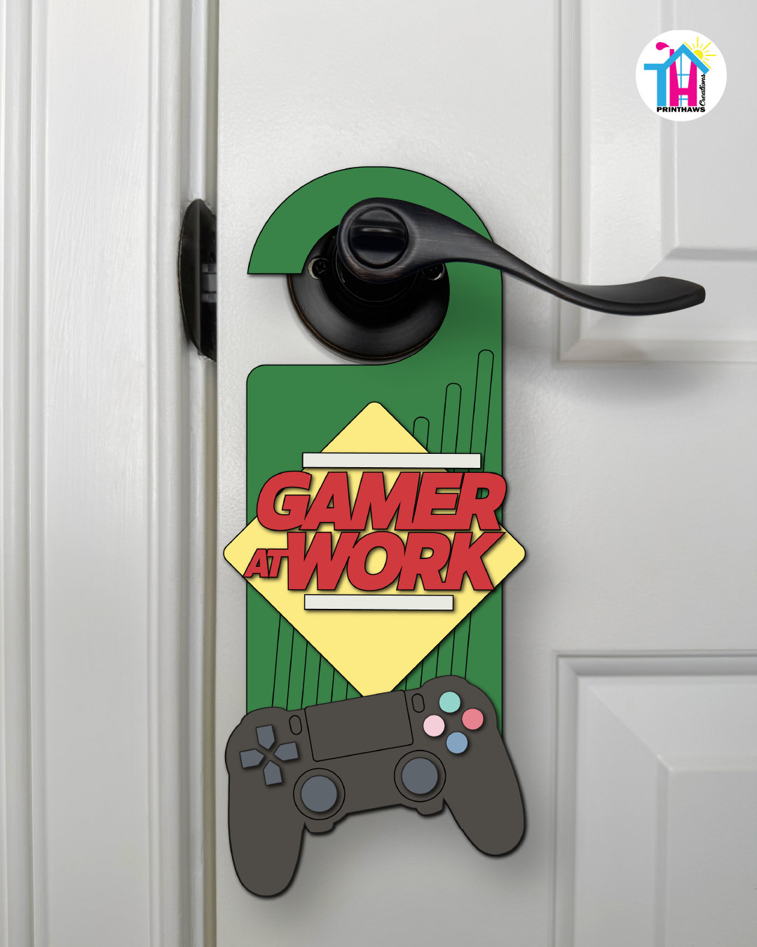 Gamer At Work – Gamer Doorknob Sign By Printhaws Creations, Wooden Room Sign With Console-Inspired Controller Accent