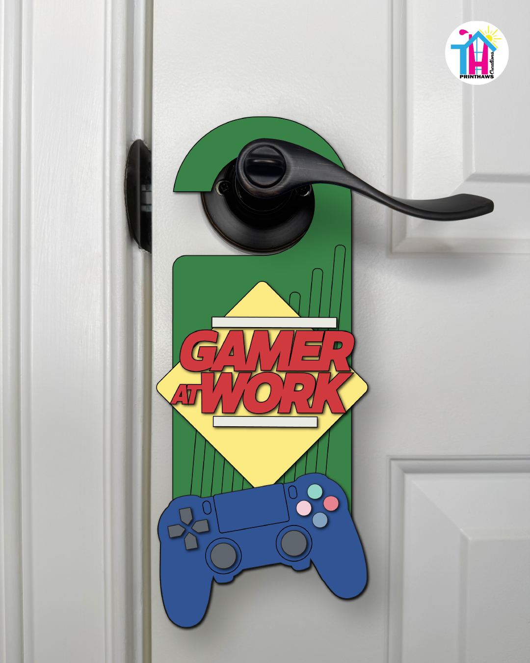 Gamer At Work – Gamer Doorknob Sign By Printhaws Creations, Wooden Room Sign With Console-Inspired Controller Accent