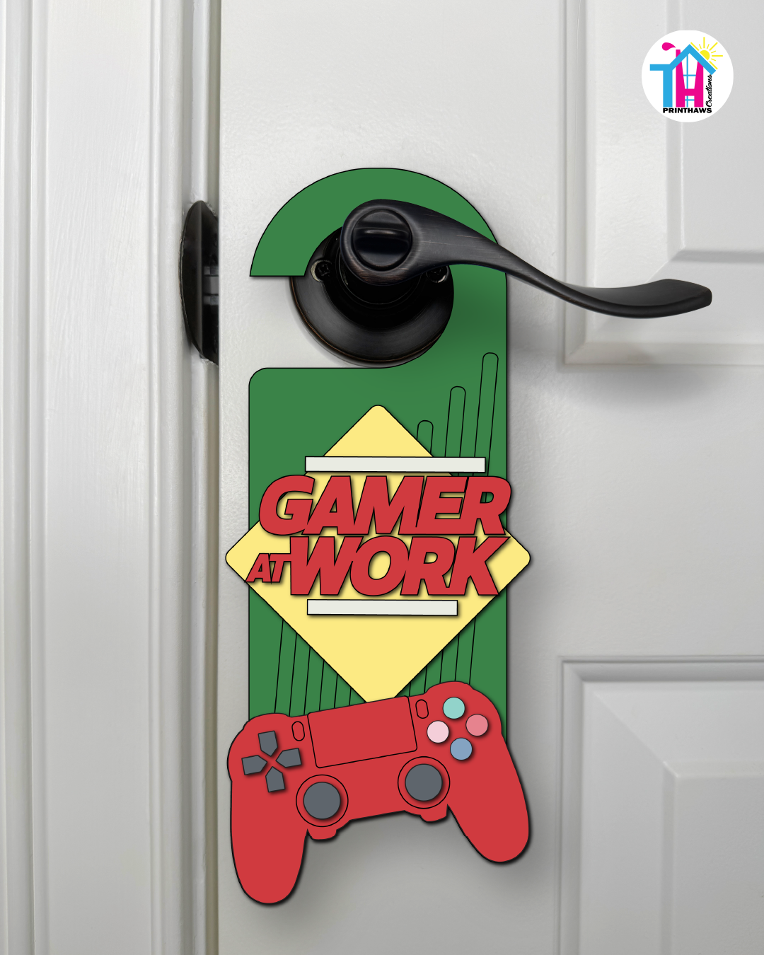 Gamer At Work – Gamer Doorknob Sign By Printhaws Creations, Wooden Room Sign With Console-Inspired Controller Accent