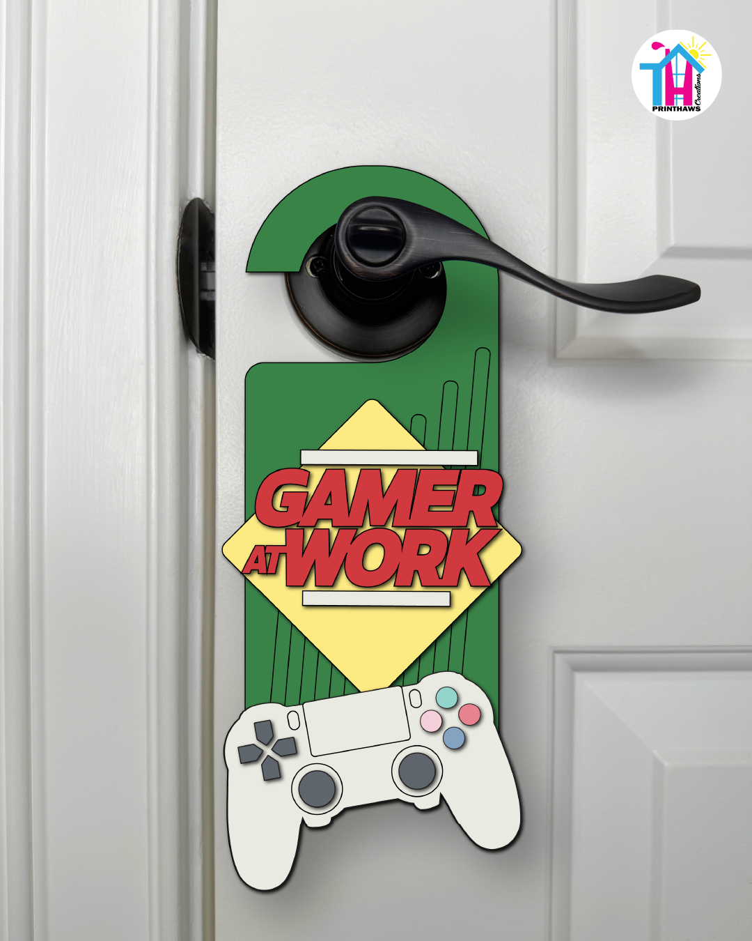 Gamer At Work – Gamer Doorknob Sign By Printhaws Creations, Wooden Room Sign With Console-Inspired Controller Accent