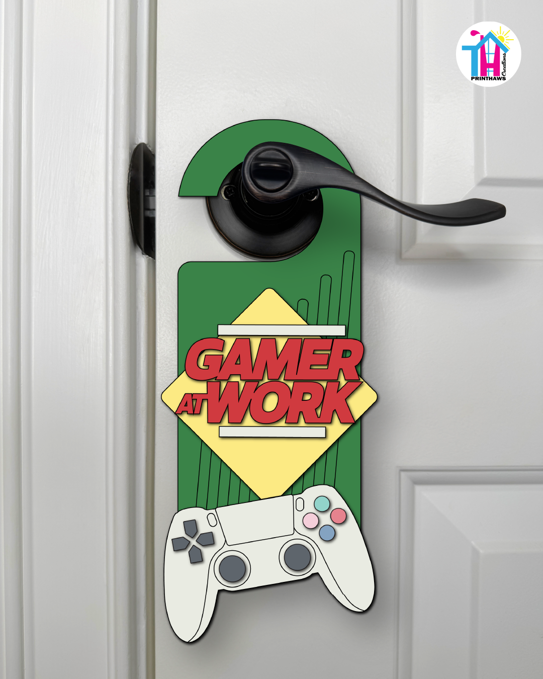 Gamer At Work – Gamer Doorknob Sign By Printhaws Creations, Wooden Room Sign With Console-Inspired Controller Accent