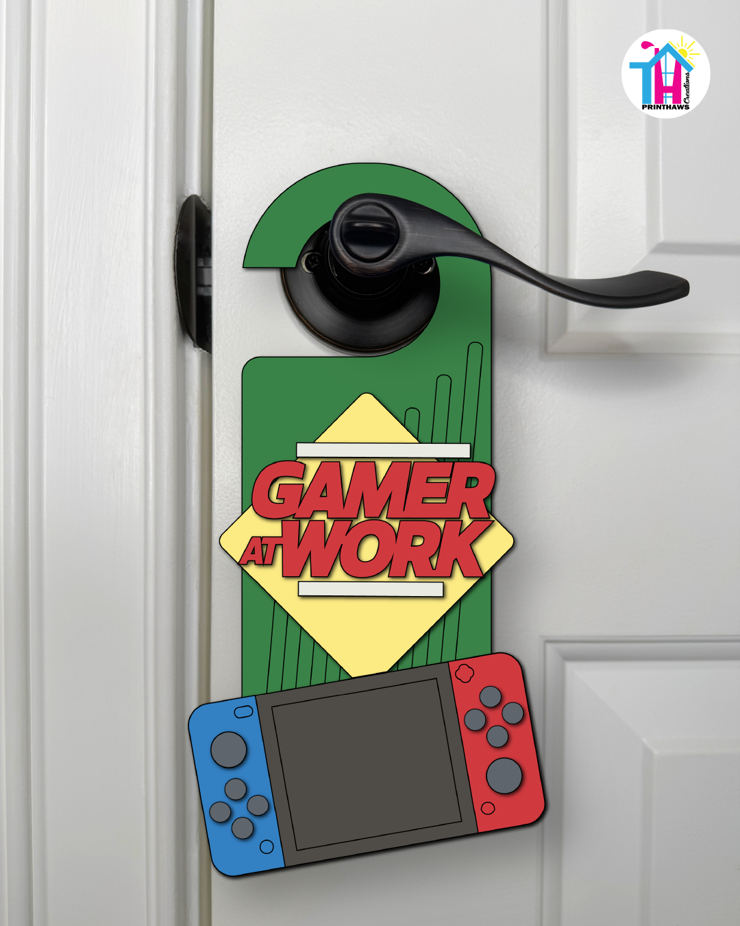 Gamer At Work – Gamer Doorknob Sign By Printhaws Creations, Wooden Room Sign With Console-Inspired Controller Accent