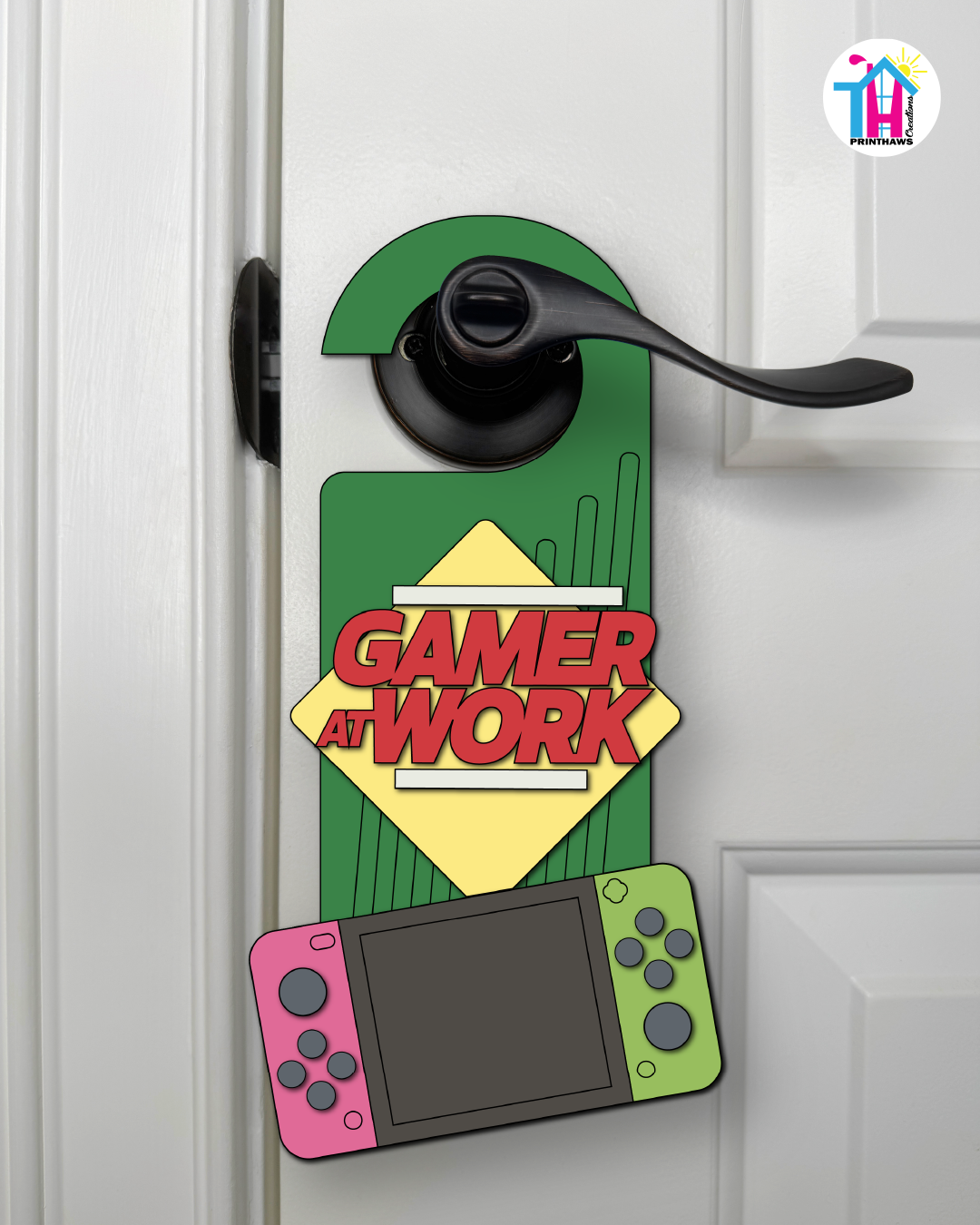 Gamer At Work – Gamer Doorknob Sign By Printhaws Creations, Wooden Room Sign With Console-Inspired Controller Accent