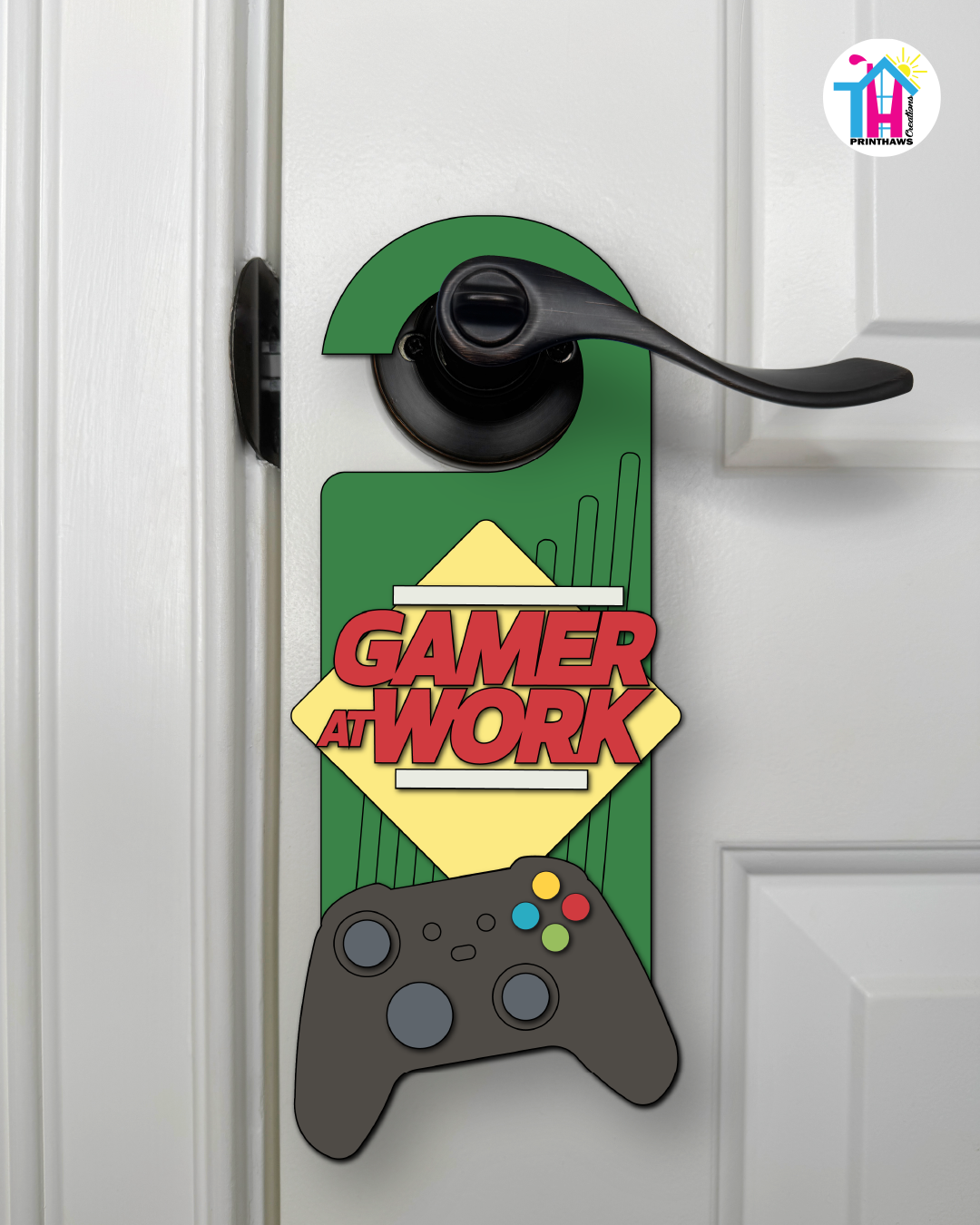 Gamer At Work – Gamer Doorknob Sign By Printhaws Creations, Wooden Room Sign With Console-Inspired Controller Accent