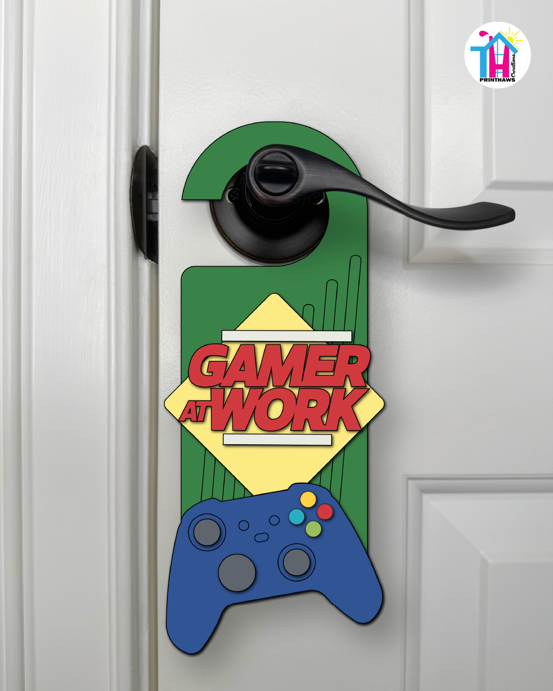 Gamer At Work – Gamer Doorknob Sign By Printhaws Creations, Wooden Room Sign With Console-Inspired Controller Accent