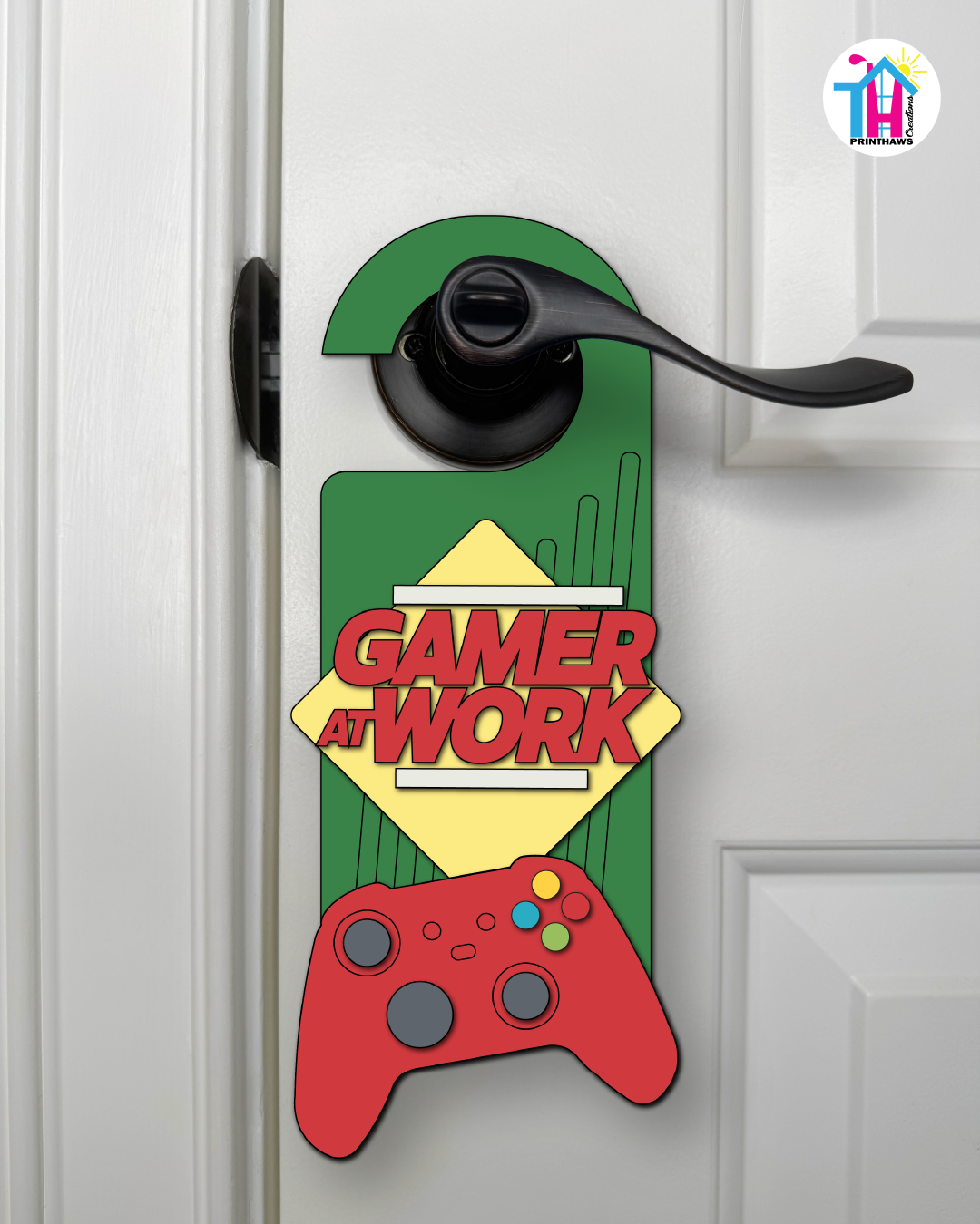 Gamer At Work – Gamer Doorknob Sign By Printhaws Creations, Wooden Room Sign With Console-Inspired Controller Accent