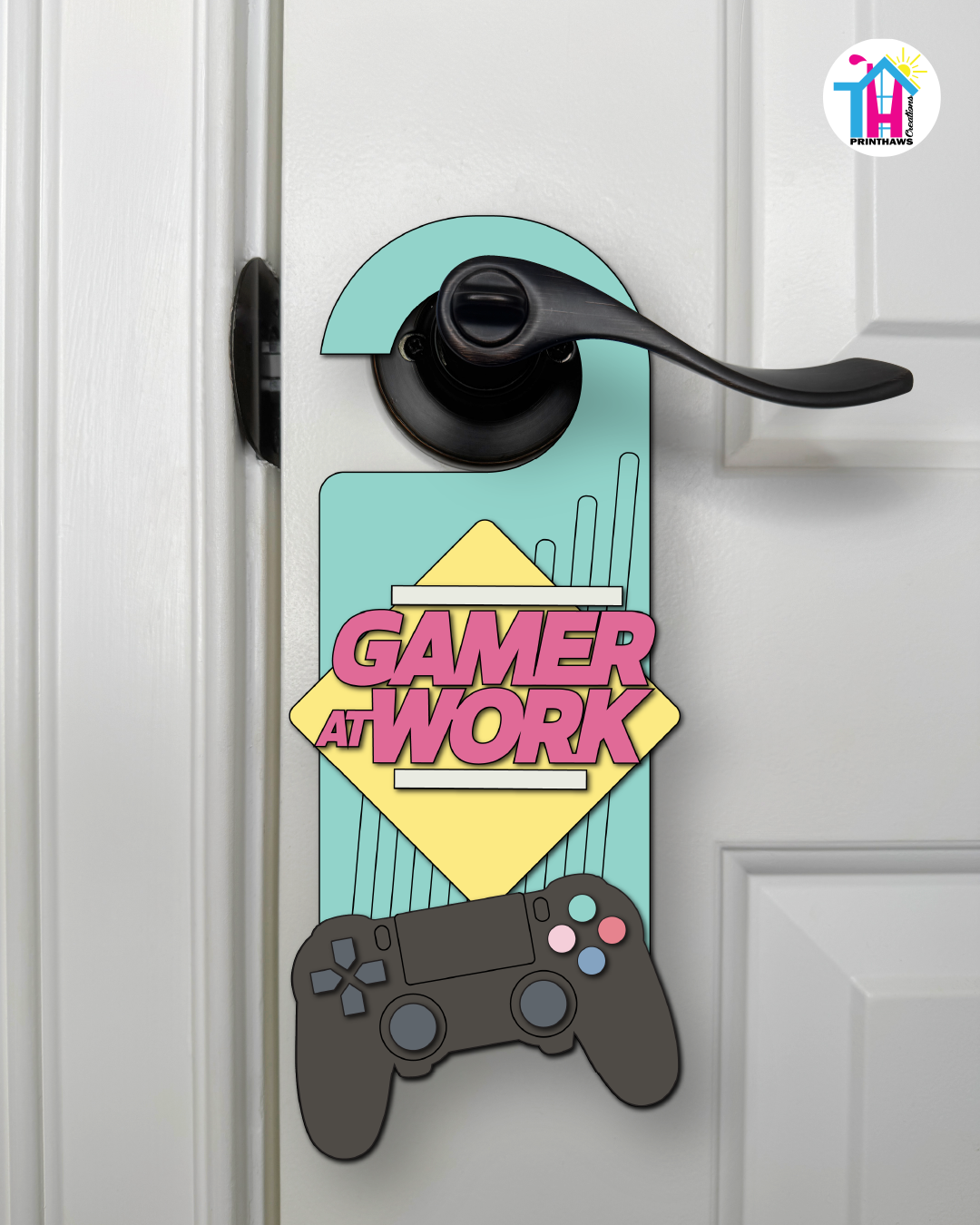 Gamer At Work – Gamer Doorknob Sign By Printhaws Creations, Wooden Room Sign With Console-Inspired Controller Accent