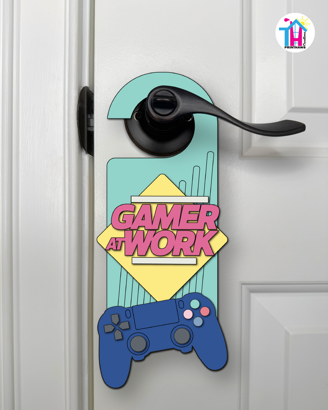 Gamer At Work – Gamer Doorknob Sign By Printhaws Creations, Wooden Room Sign With Console-Inspired Controller Accent