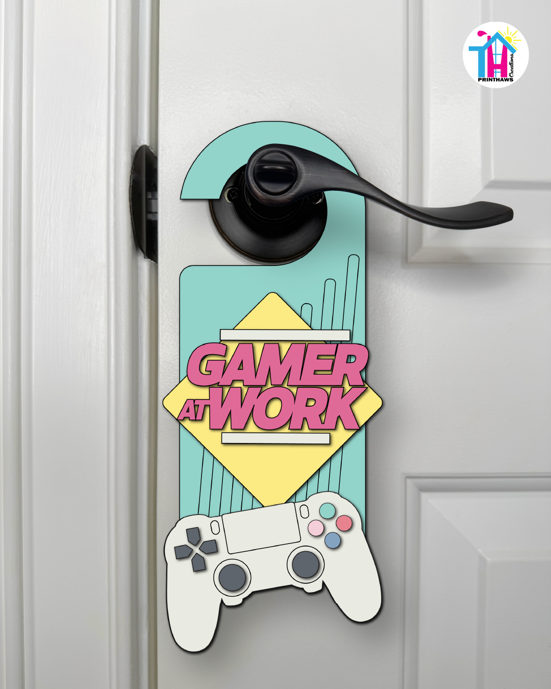 Gamer At Work – Gamer Doorknob Sign By Printhaws Creations, Wooden Room Sign With Console-Inspired Controller Accent