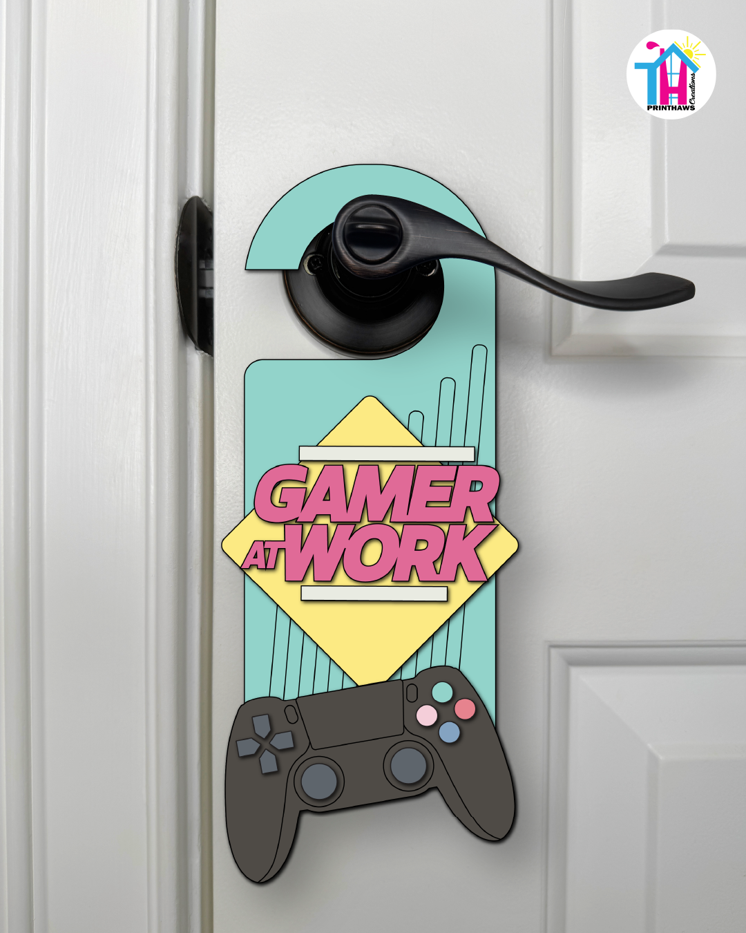 Gamer At Work – Gamer Doorknob Sign By Printhaws Creations, Wooden Room Sign With Console-Inspired Controller Accent