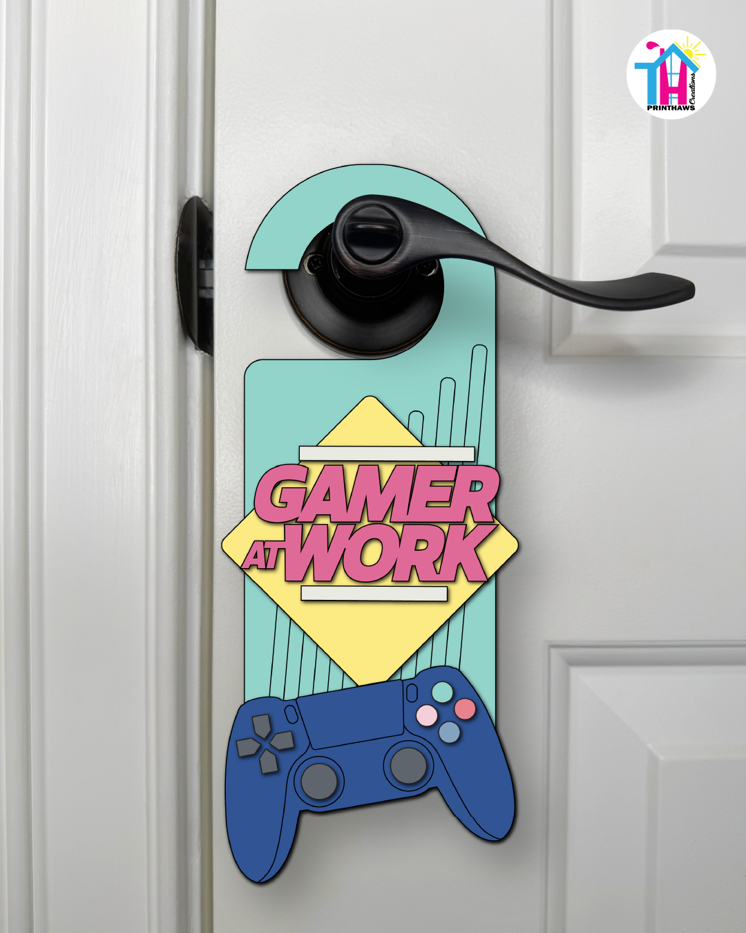 Gamer At Work – Gamer Doorknob Sign By Printhaws Creations, Wooden Room Sign With Console-Inspired Controller Accent