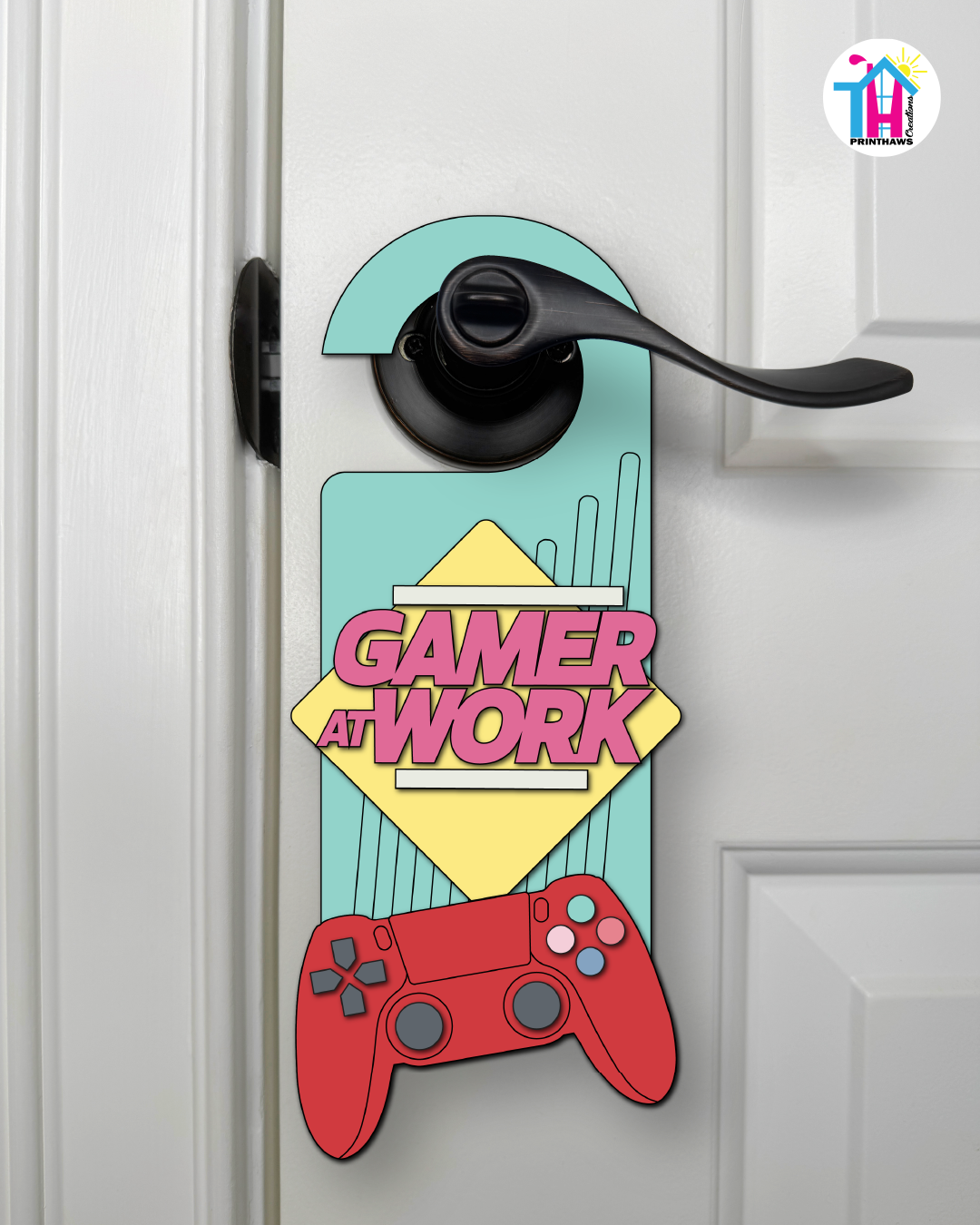 Gamer At Work – Gamer Doorknob Sign By Printhaws Creations, Wooden Room Sign With Console-Inspired Controller Accent