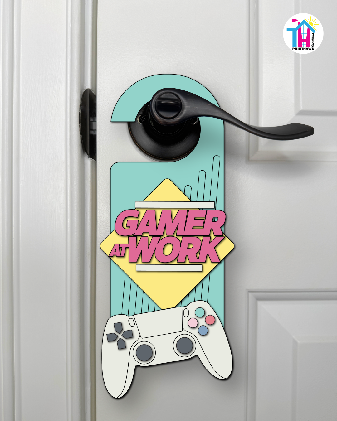 Gamer At Work – Gamer Doorknob Sign By Printhaws Creations, Wooden Room Sign With Console-Inspired Controller Accent