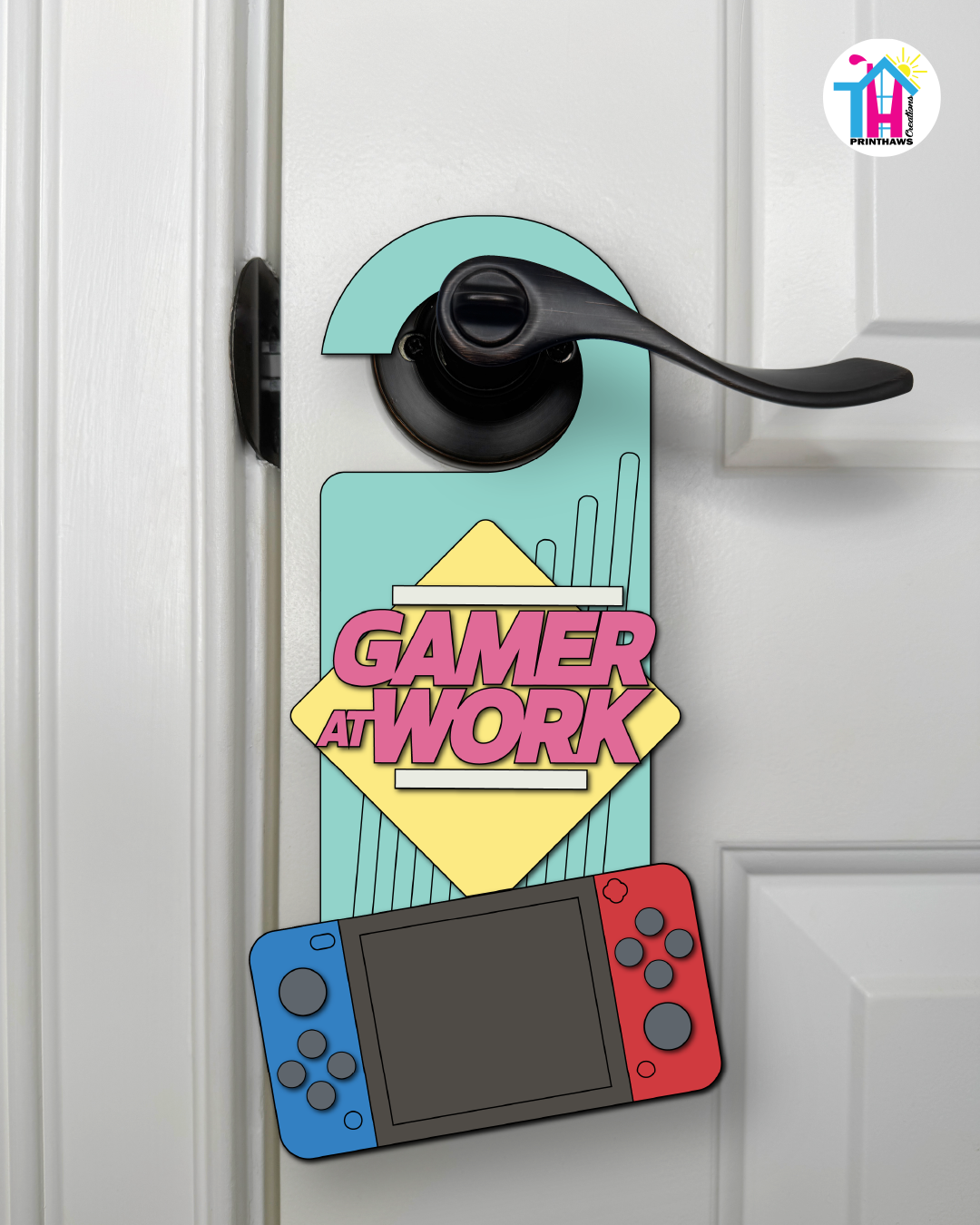 Gamer At Work – Gamer Doorknob Sign By Printhaws Creations, Wooden Room Sign With Console-Inspired Controller Accent