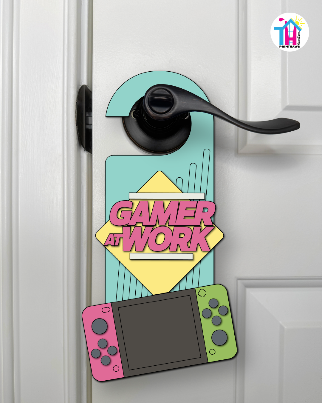 Gamer At Work – Gamer Doorknob Sign By Printhaws Creations, Wooden Room Sign With Console-Inspired Controller Accent