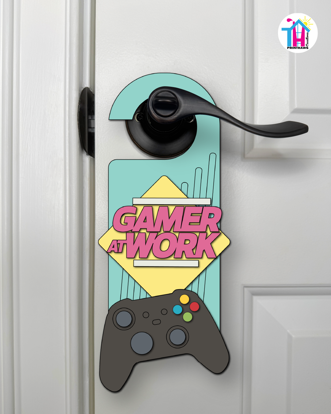 Gamer At Work – Gamer Doorknob Sign By Printhaws Creations, Wooden Room Sign With Console-Inspired Controller Accent