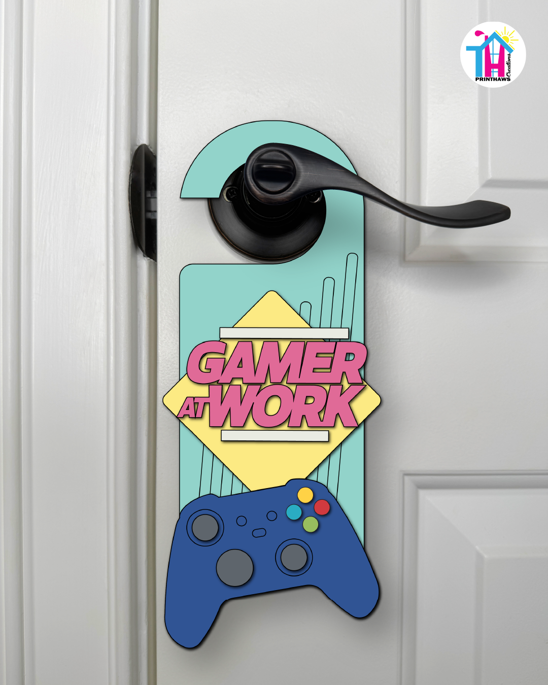 Gamer At Work – Gamer Doorknob Sign By Printhaws Creations, Wooden Room Sign With Console-Inspired Controller Accent