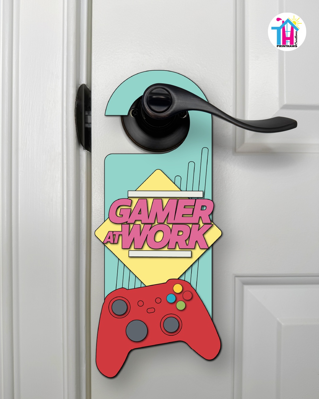 Gamer At Work – Gamer Doorknob Sign By Printhaws Creations, Wooden Room Sign With Console-Inspired Controller Accent