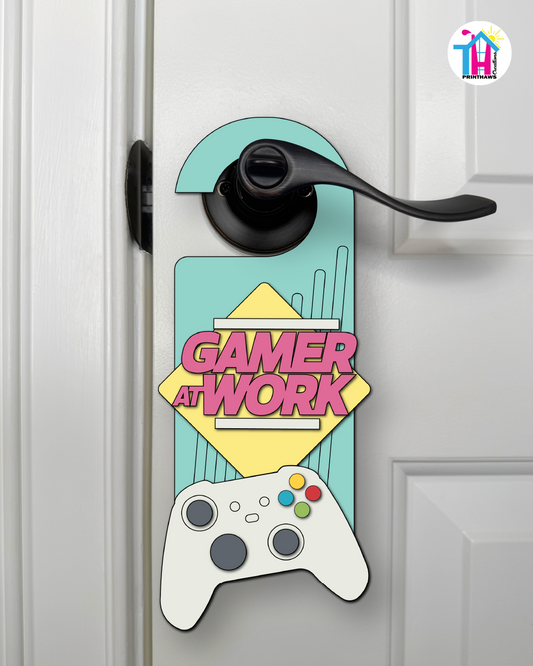 Gamer At Work – Gamer Doorknob Sign By Printhaws Creations, Wooden Room Sign With Console-Inspired Controller Accent