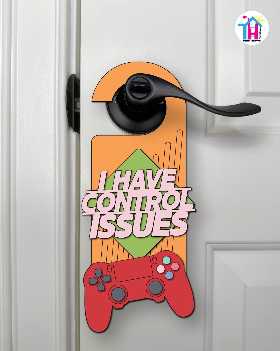 I Have Control Issues – Gamer Doorknob Sign By Printhaws Creations, Wooden Room Sign With Console-Inspired Controller Accent
