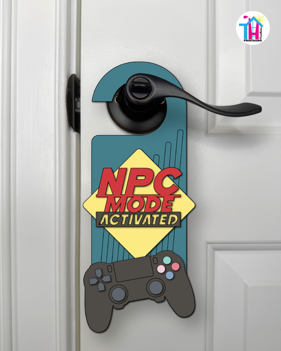 NPC Mode: Activated – Gamer Doorknob Sign By Printhaws Creations, Wooden Room Sign With Console-Inspired Controller Accent