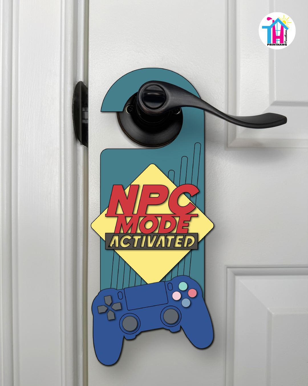 NPC Mode: Activated – Gamer Doorknob Sign By Printhaws Creations, Wooden Room Sign With Console-Inspired Controller Accent