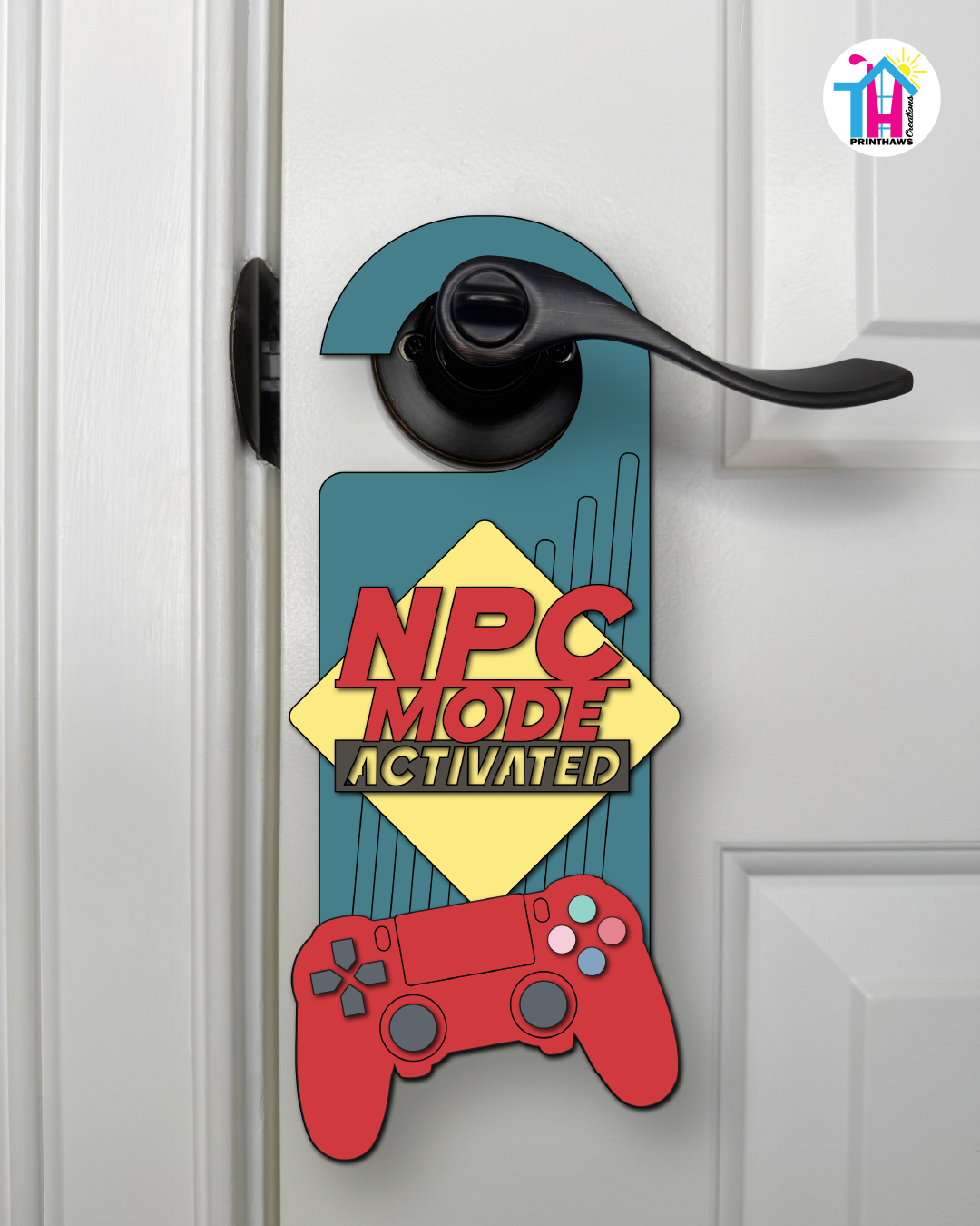 NPC Mode: Activated – Gamer Doorknob Sign By Printhaws Creations, Wooden Room Sign With Console-Inspired Controller Accent