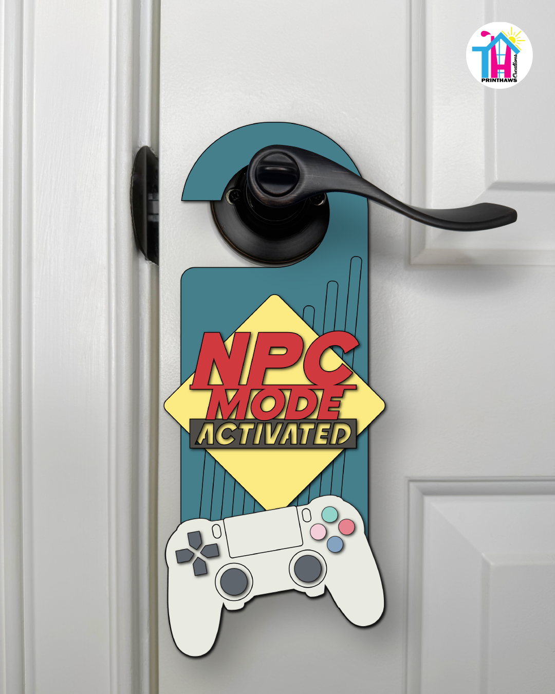 NPC Mode: Activated – Gamer Doorknob Sign By Printhaws Creations, Wooden Room Sign With Console-Inspired Controller Accent