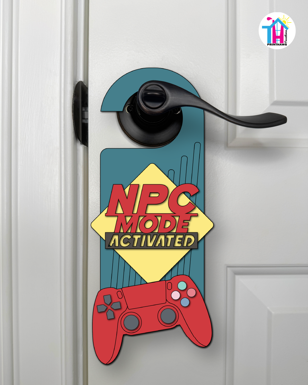 NPC Mode: Activated – Gamer Doorknob Sign By Printhaws Creations, Wooden Room Sign With Console-Inspired Controller Accent