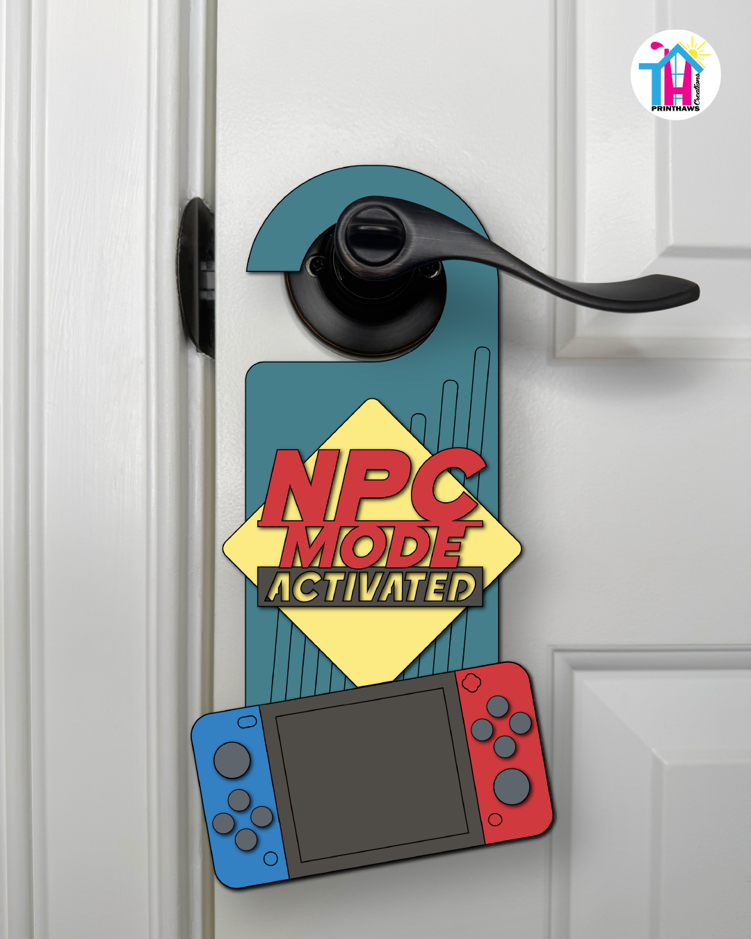 NPC Mode: Activated – Gamer Doorknob Sign By Printhaws Creations, Wooden Room Sign With Console-Inspired Controller Accent