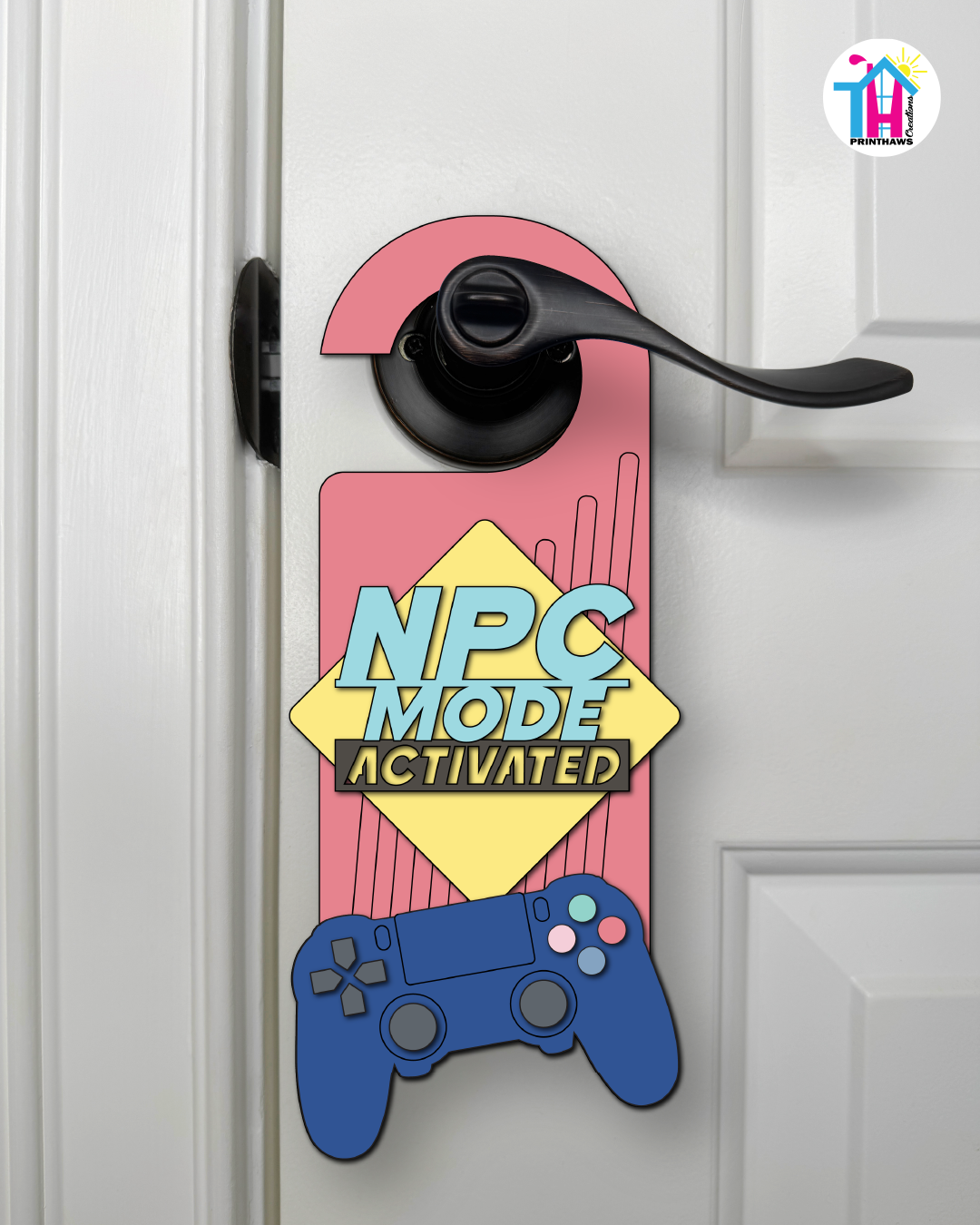 NPC Mode: Activated – Gamer Doorknob Sign By Printhaws Creations, Wooden Room Sign With Console-Inspired Controller Accent