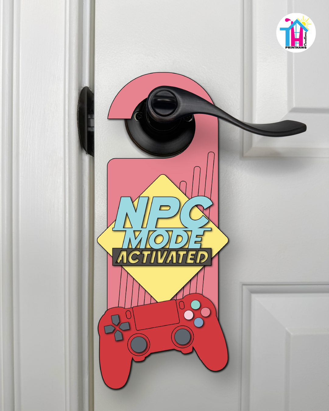 NPC Mode: Activated – Gamer Doorknob Sign By Printhaws Creations, Wooden Room Sign With Console-Inspired Controller Accent