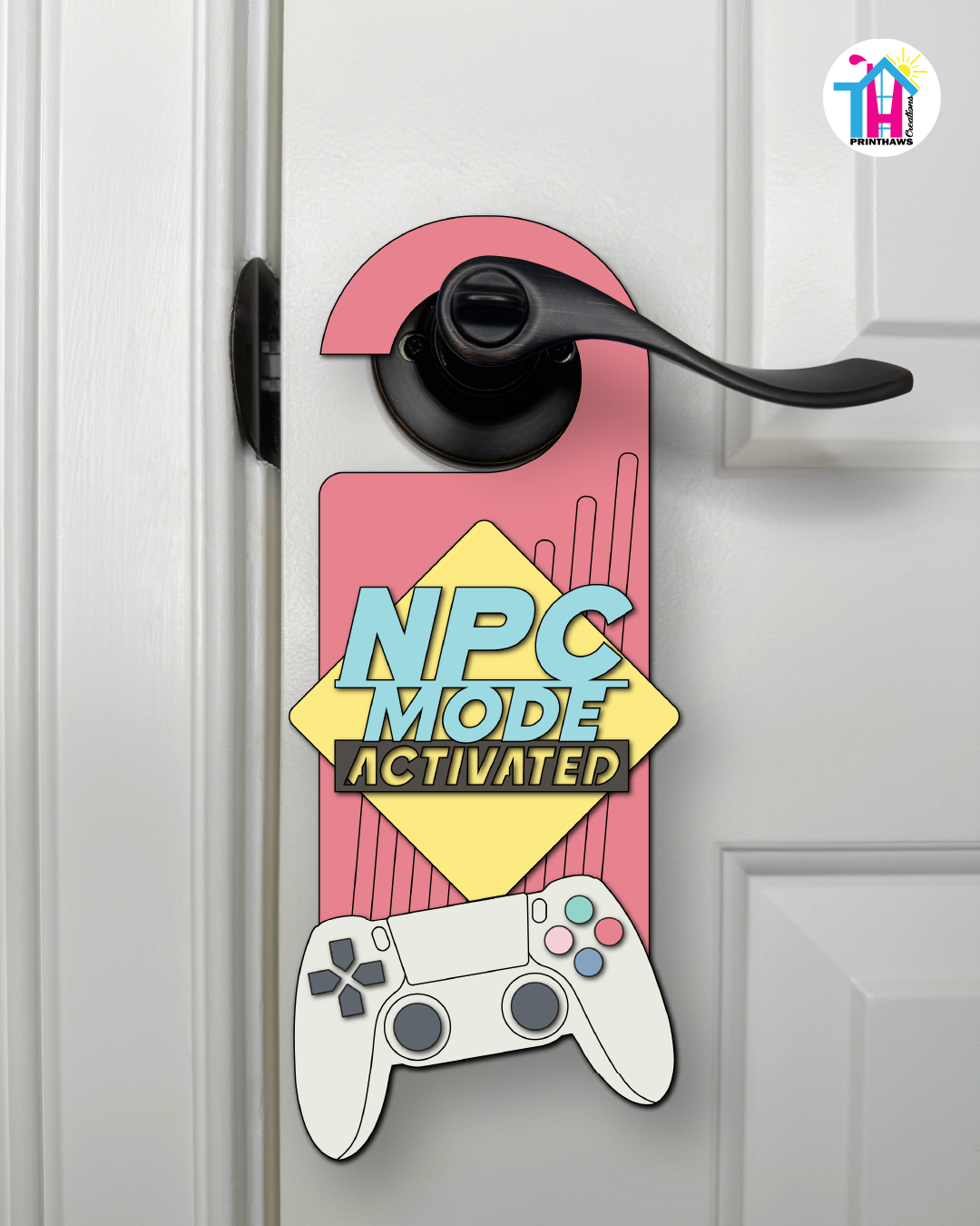 NPC Mode: Activated – Gamer Doorknob Sign By Printhaws Creations, Wooden Room Sign With Console-Inspired Controller Accent