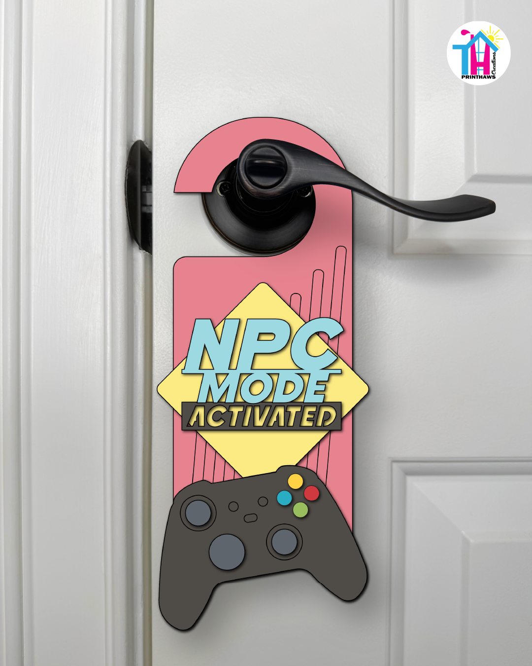 NPC Mode: Activated – Gamer Doorknob Sign By Printhaws Creations, Wooden Room Sign With Console-Inspired Controller Accent