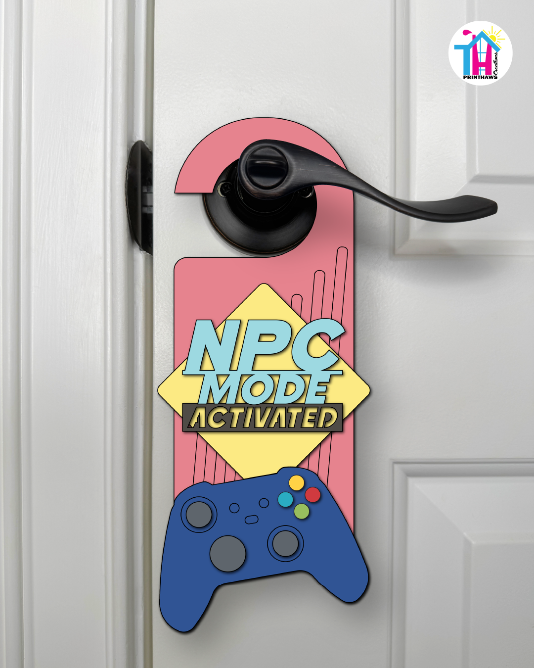 NPC Mode: Activated – Gamer Doorknob Sign By Printhaws Creations, Wooden Room Sign With Console-Inspired Controller Accent