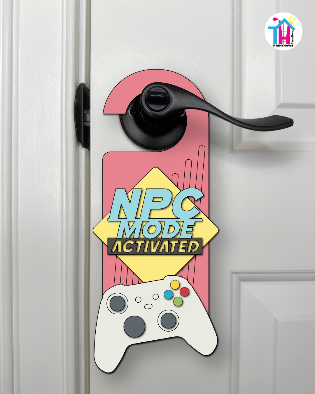 NPC Mode: Activated – Gamer Doorknob Sign By Printhaws Creations, Wooden Room Sign With Console-Inspired Controller Accent